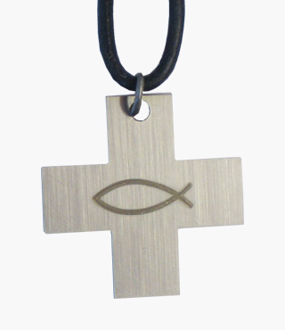 Umhängekreuz, 1007, Edelstahl, Fisch, 3x3cm, mit Lederband