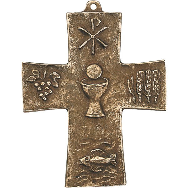 Bronzekreuz 142044, h=10cm, Fisch+Ähre+Traube..