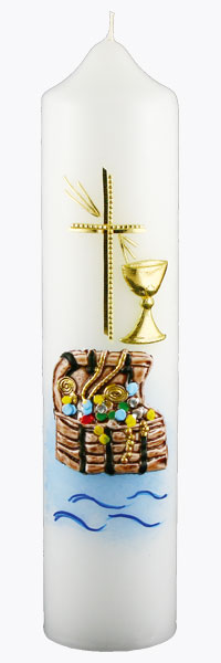 Kommuniontischkerze, Schatzkiste, Kelch, gold, 265x60, weiß, 4826