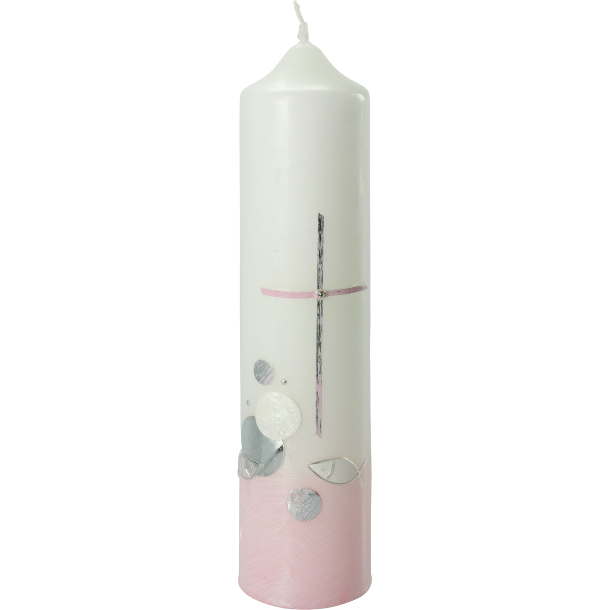 Taufkerze, Kreuz, Fische, Wasser, rosa, silber, 265x60, #2072