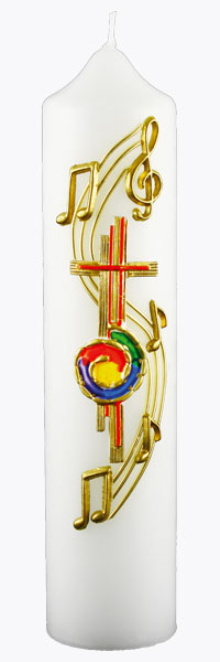 Kommuniontischkerze, Wir sind Gottes Melodie, gold, 265x60, weiß, 4809
