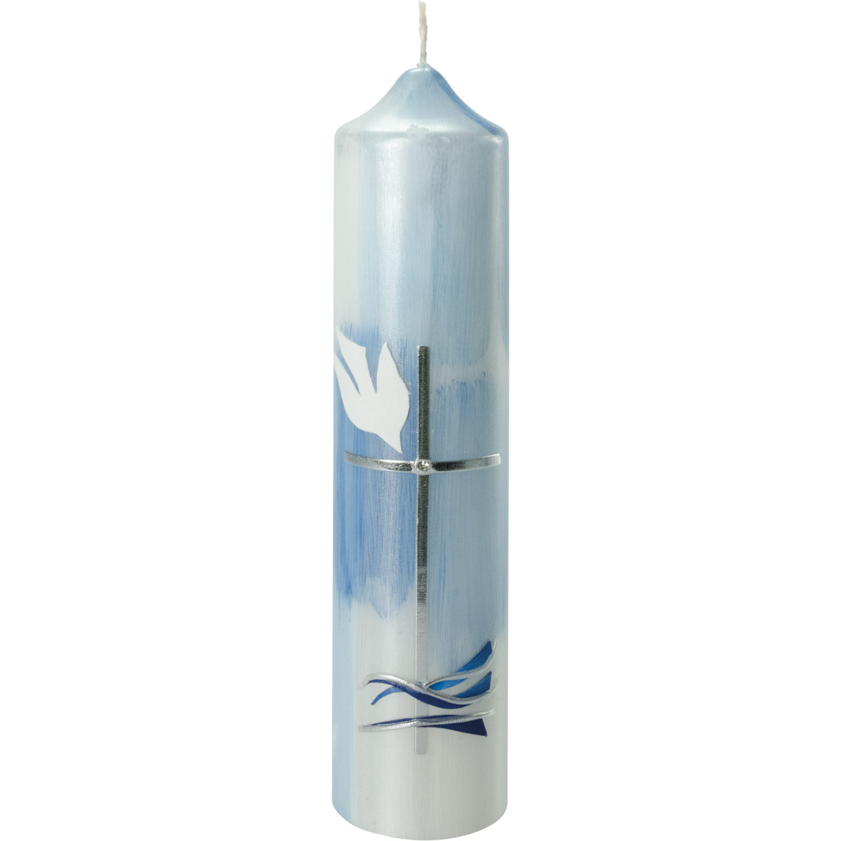 Taufkerze, Kreuz, Taube, Wasser, blau, silber, 265x60, Nr.1908