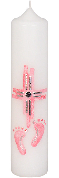 Taufkerze, Kreuz, Füße, rosa, silber, 265x60, Nr.3002