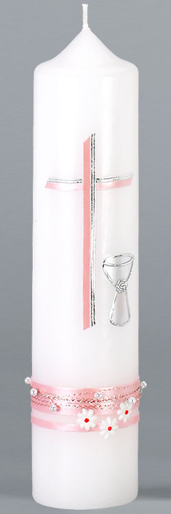 Kommuniontischkerze, Perlen, Kelch, rosa, silber, 265x60, weiß, 4873