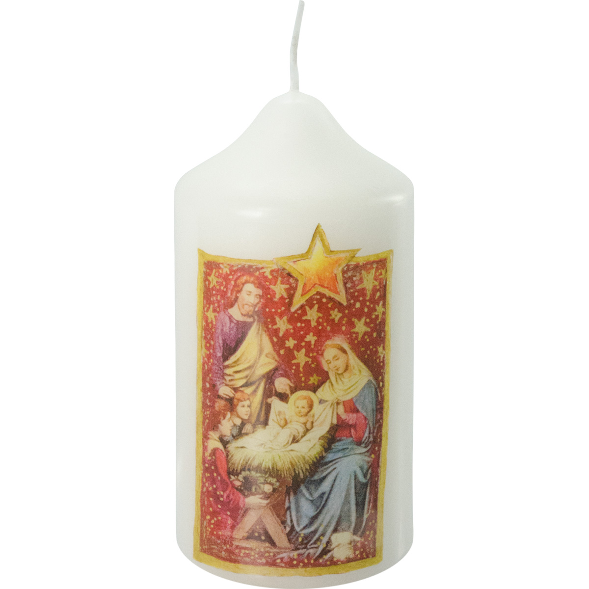 Weihnachtskerze, Krippenmotiv, Fotodruck, 12 x 6 cm, weiß, #2723