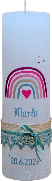 Taufkerze, Marla, Rustik, 25 x 7 cm, weiß, Regenbogen, Kordel, Spitze