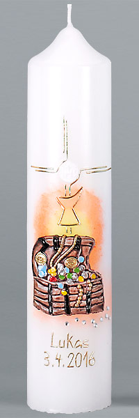 Kommuniontischkerze, Schatzkiste Neu, Kelch, gold, 265x60, weiß, 4826N