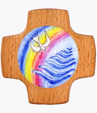 Holzkreuz, 810049, Regenbogen / Taube / Wasser, 8 x 8 cm