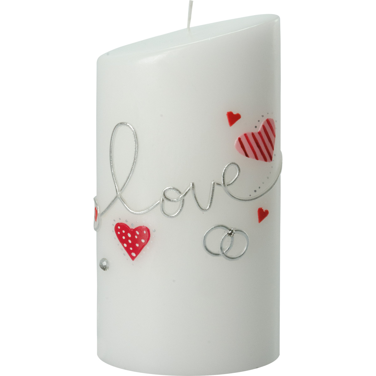 Hochzeitskerze, 5001, Oval 180x90x60, -love-, rote Herzen, silber