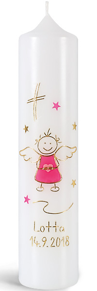 Taufkerze, -Lotta-, 265x60, weiß, Engel, fuchsia, gold