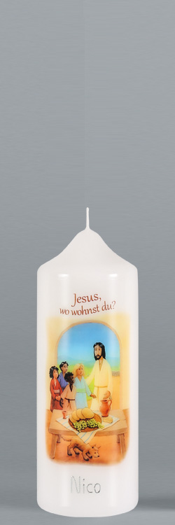 Patenkerze, P124, Jesus, wo wohnst Du?, BFW, Größe/Farbe wählbar