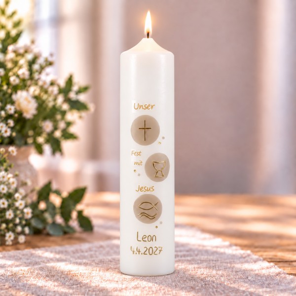 Kommuniontischkerze, Unser Fest mit Jesus, Symbole, Taupe, 4954, Größe/Farbe wäh