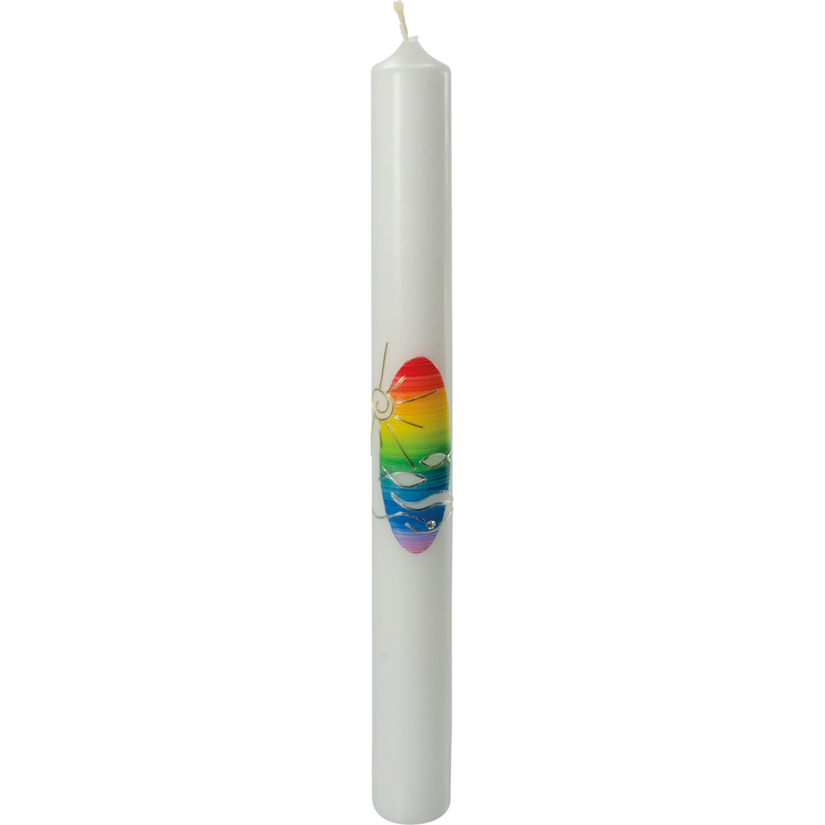 Taufkerze, Sonne, Fische, Regenbogenfarben, gold, 400x40, weiß, Nr. 4020-1