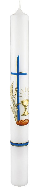 Kommunionkerze, 5801, 400x40, weiß, Brot & Wein, blau, gold