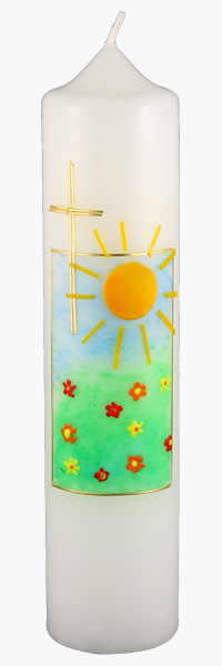 Kommuniontischkerze, Sonne, Kreuz, gerahmt, gold, 265x60, weiß, 4861