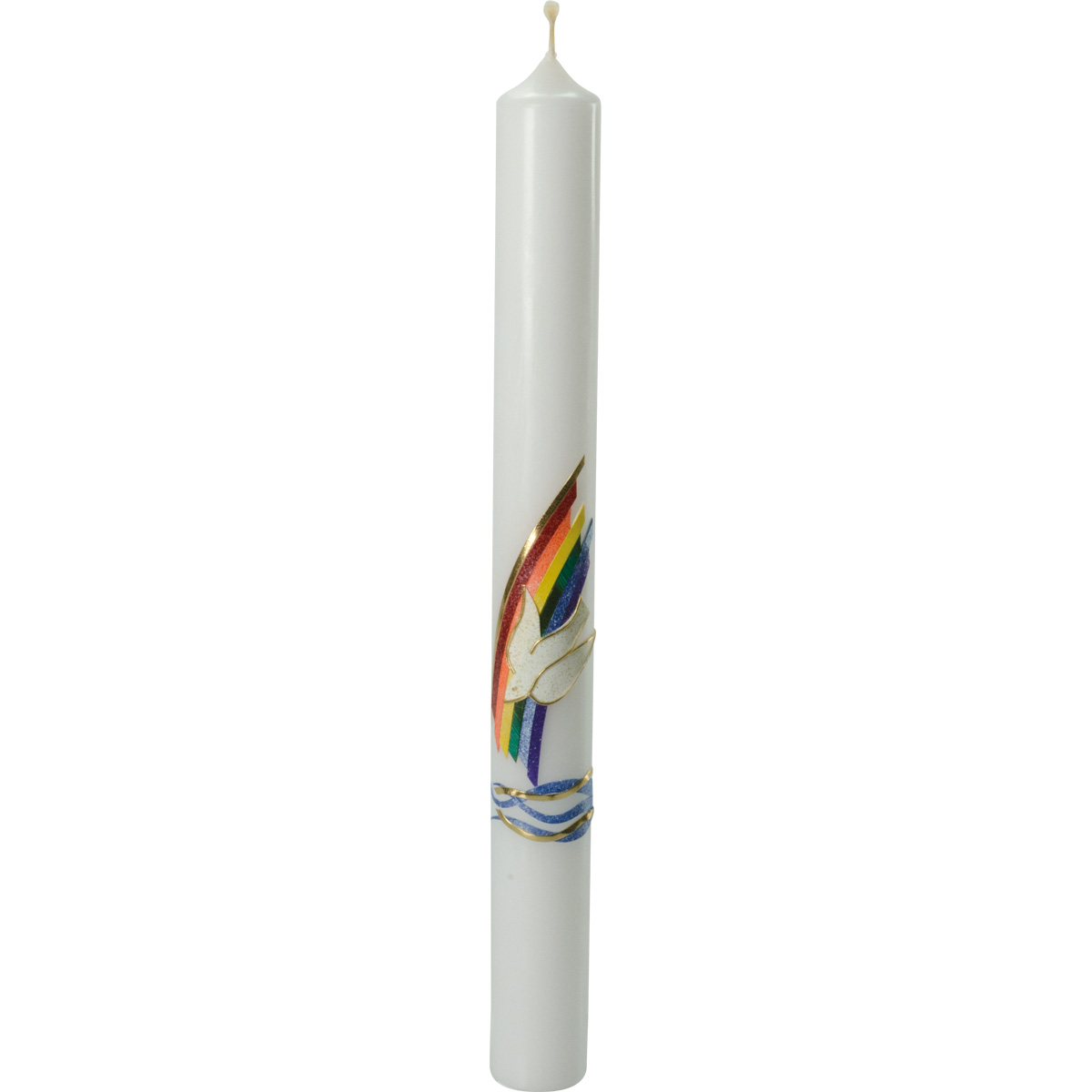 Taufkerze, Regenbogen, Taube, gold, 400x40, weiß, Nr. 1391