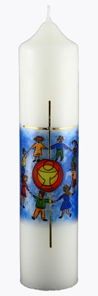 Kommuniontischkerze, Kinder, Gemeinschaft, Hände, 265x60, weiß, 1966