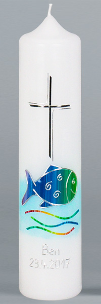 Kommuniontischkerze, Regenbogenfisch, 265x60, weiß, 4902