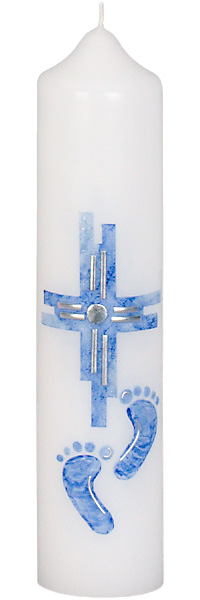 Taufkerze, 3003, 265x60, weiß, Kreuz, Füße, blau, silber