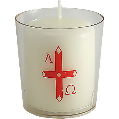 50 Osternachtskerzen mit Becher, 60x50mm, Motiv Kreuz mit Alpha und Omega, Paketpreis!