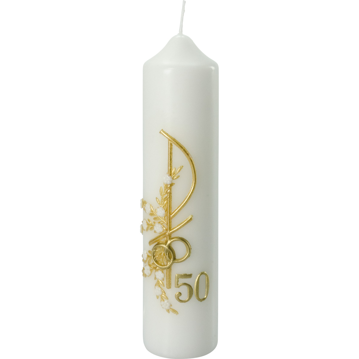 Goldene-Hochzeitskerze, goldenes Px, Ringe, weiße Büten,Ranken, 50, 215x50, Nr.1571