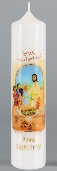 Kommuniontischkerze, Jesus, wo wohnst Du? gold,BFW, 265x60, weiß, 4917
