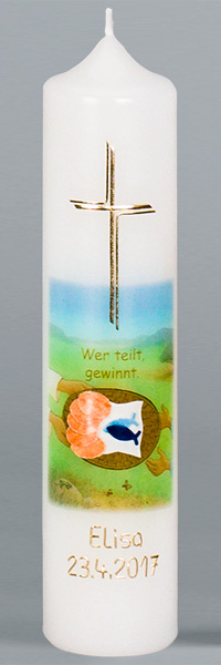 Kommuniontischkerze, Wer teilt gewinnt, 265x60, weiß, 4908