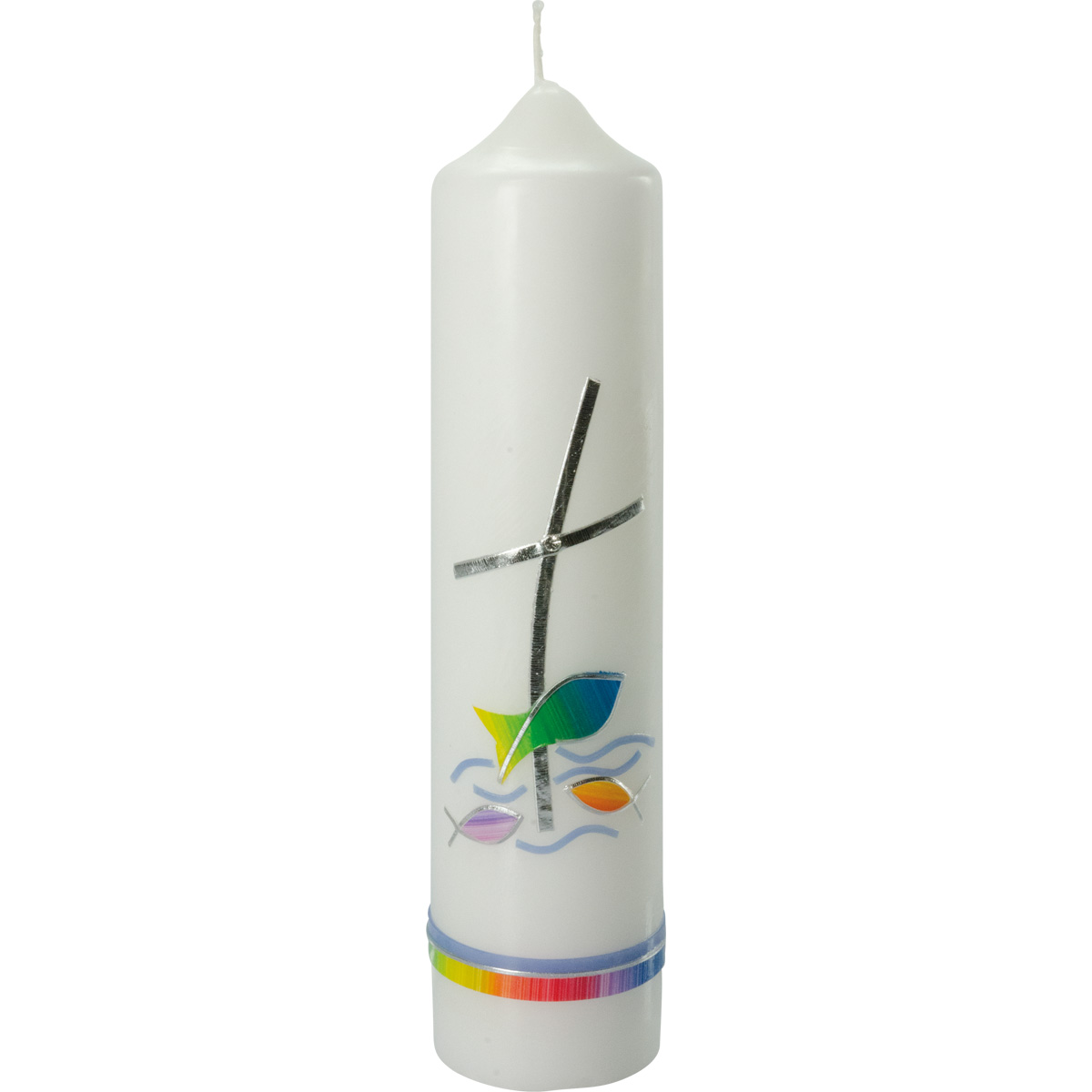 Taufkerze, #4015, Höhe=265mm, Ø=60mm, Regenbogenfarben, silber