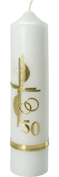 Goldene-Hochzeitskerze, Kreuz, Ringe, Borte, -50-, 265x60, Nr.951G