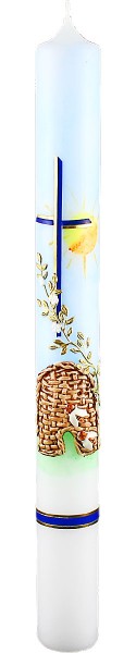 Kommunionkerze, 5822, 400x40, weiß, Bienen, Kreuz, Sonne, blau, gold