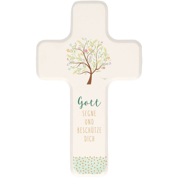 Holzkreuz 330178, h=18cm, Gott segne u. beschütze dich, weiß lackiert