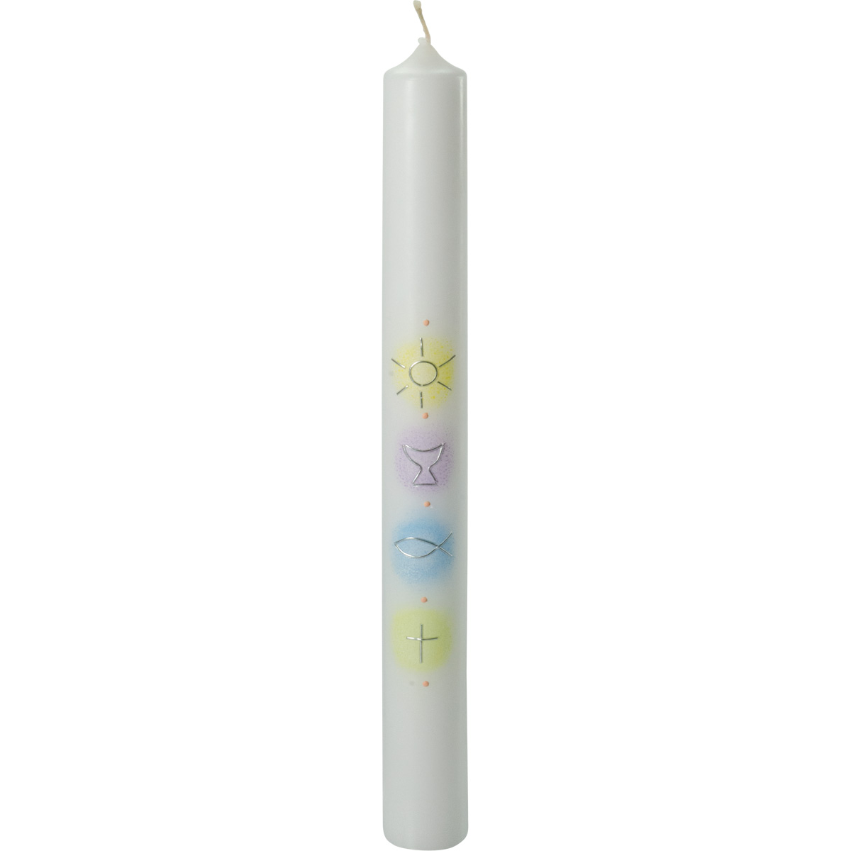 Kommunionkerze, Symbole, gelb-rosa-blau-silber, 400x40, weiß, 4117