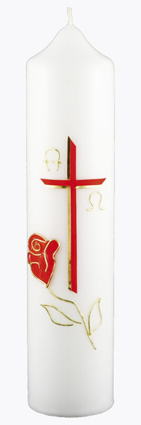 Kommuniontischkerze, Rose & Liebe, rot, gold, 265x60, weiß, 4825