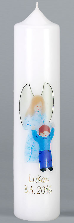 Kommuniontischkerze, Schutzengel Junge, Fotodruck, 265x60, weiß, F4892