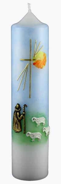 Kommuniontischkerze, guter Hirte, blau, grün, gold, 265x60, weiß, 4812
