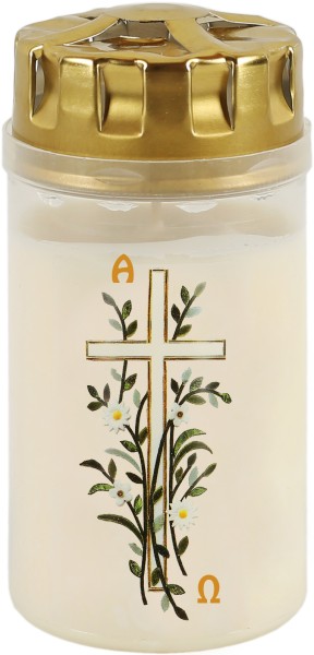 20 Osterlichter, weisse Blüten, weisses Kreuz, Alpha und Omega, Brenndauer 2,5 Tage