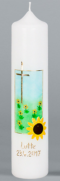 Kommuniontischkerze, Sonnenblumenwiese, 265x60, weiß, 4905