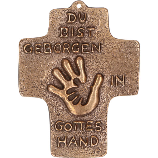 Bronzekreuz 142205, h=9cm, Du bist geborgen in Gottes Hand