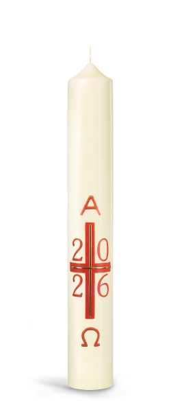 Osterkerze, 2026, 400 x 60 mm, Kreuz-Jahreszahl-Alpha-Omega rot, Motiv in Fotodruck