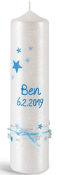 Taufkerze, -Ben-, 250x60, Silberglanzstruktur, blau, silber
