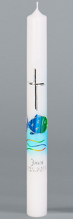 Kommunionkerze, Regenbogenfisch, blau-silber, Kerzengröße wählbar