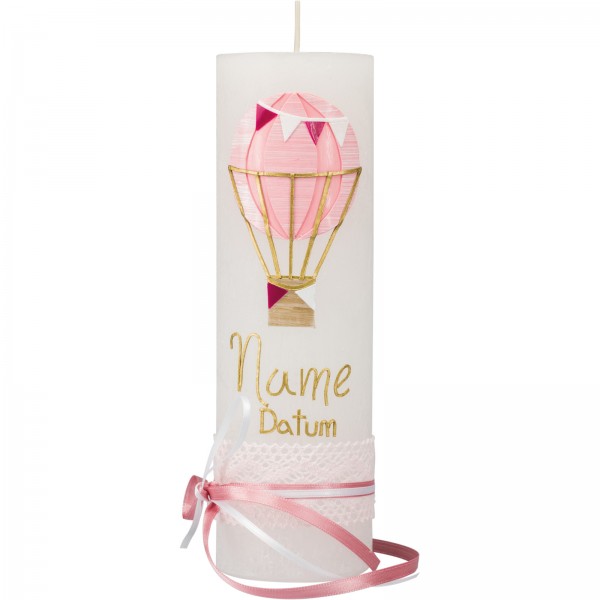 Taufkerze, Rustik, 23 x 7 cm, weiß, Ballon rosa, Spitze und Band