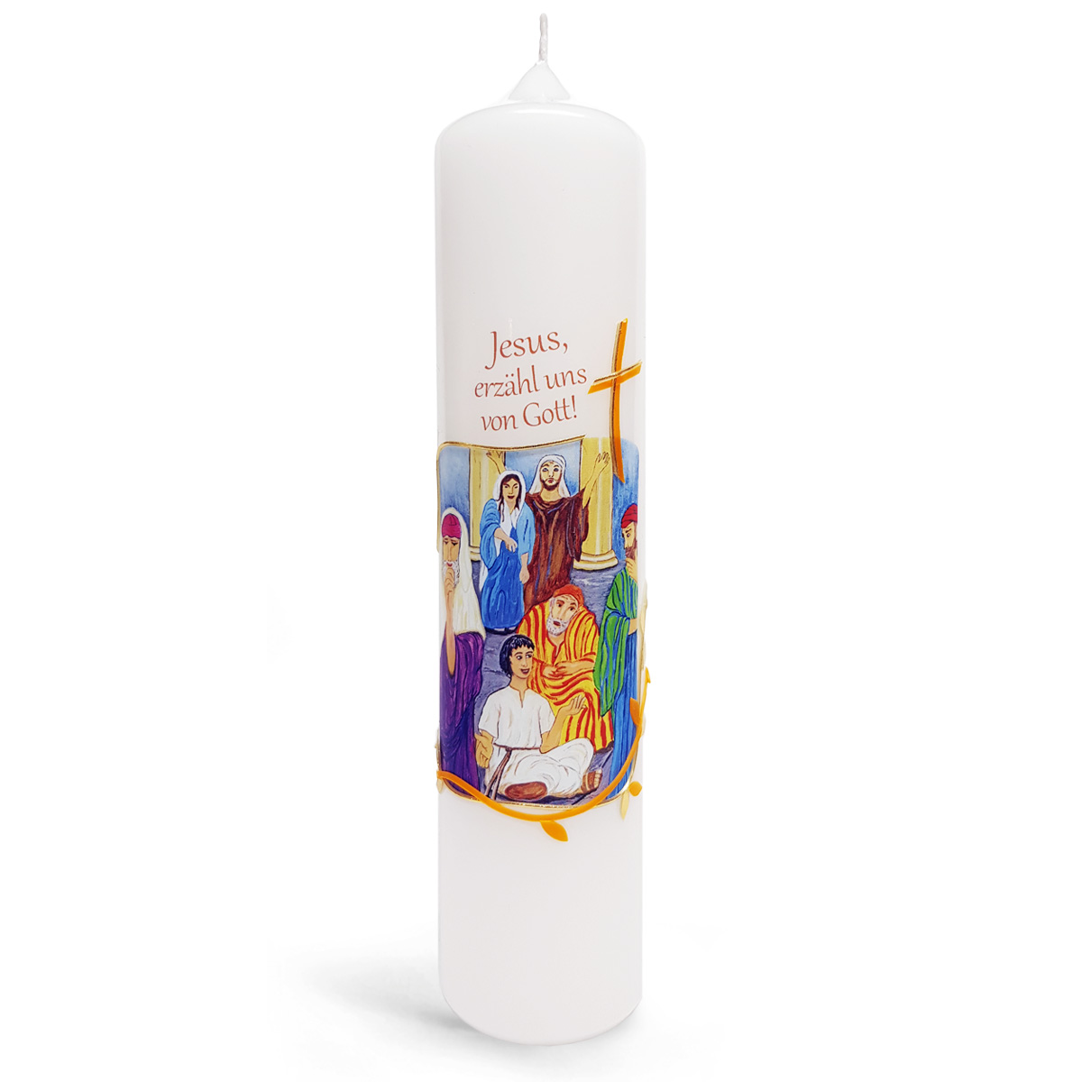 Kommuniontischkerze, Jesus, erzähl uns von Gott, Kreuz, 265x60, weiß, 4926