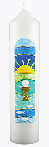 Kommuniontischkerze, Licht & Fische, Sonne, gold, 265x60, weiß, 4823
