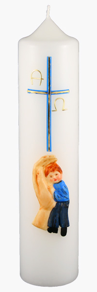 Kommuniontischkerze, Kind in Gottes Hand, Junge, gold, 265x60, weiß