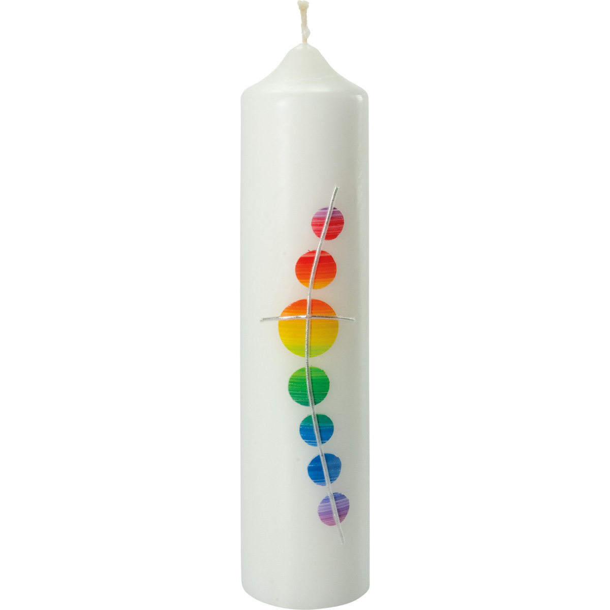Taufkerze, Kreuz aus Regenbogenkreisen, silber, 265x60, #4019