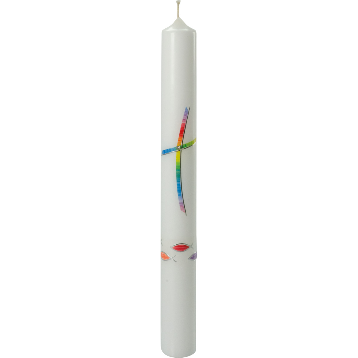 Taufkerze, Kreuz, Fische, Regenbogenfarben, silber, 400x40, weiß, Nr. 4016-1