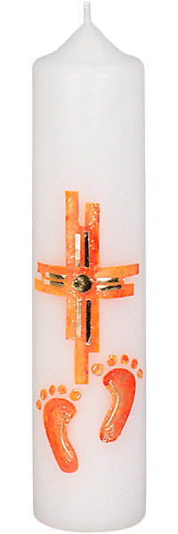Taufkerze, Kreuz, Füße, orange, gold, 265x60, Nr.3004
