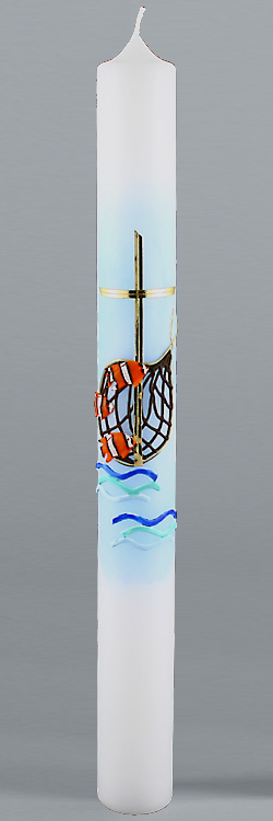 Kommunionkerze, Fische, Netz, blau, gold, 5827, Größe wählbar