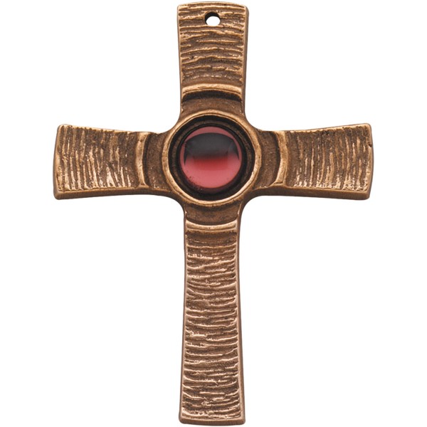 Bronzekreuz 142097, h=7,5cm, Kreuz mit rotem Stein